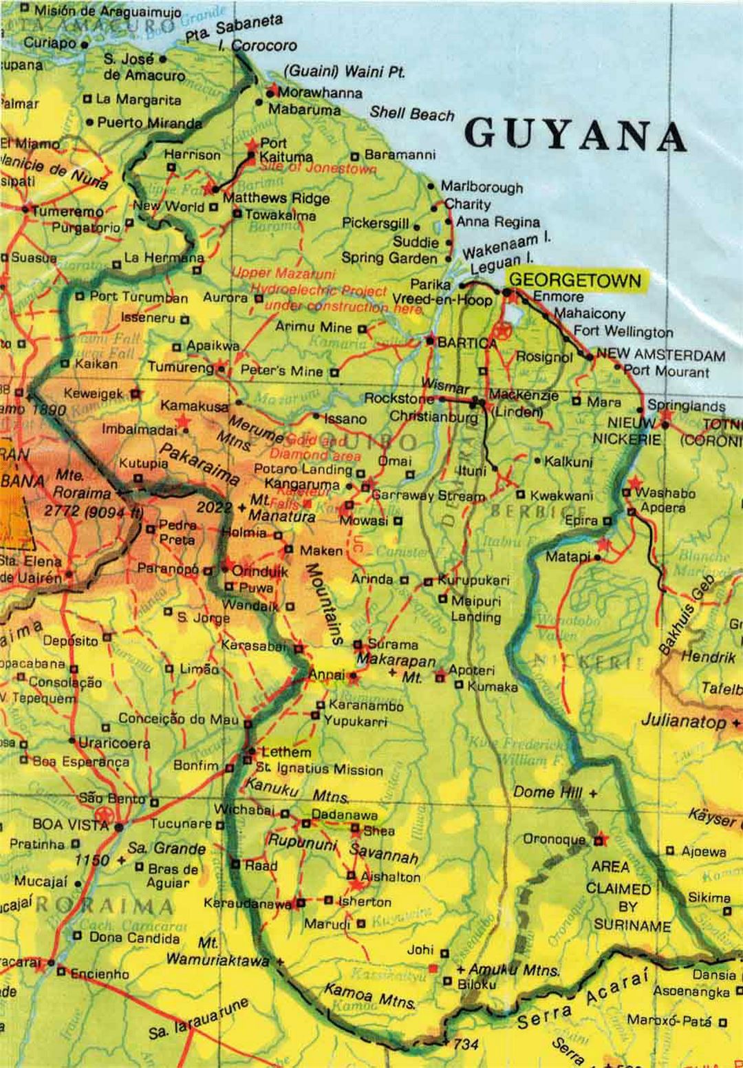 Детальная карта высот Гайаны с дорогами и всеми городами