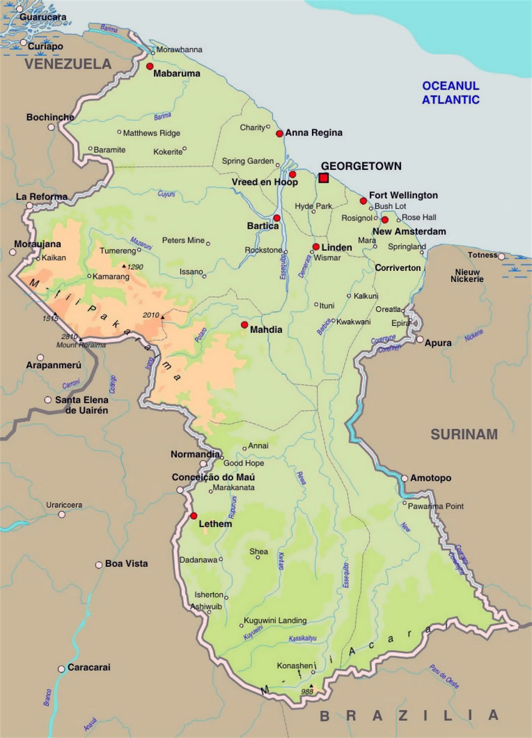 Подробная карта высот Гайаны с дорогами и городами