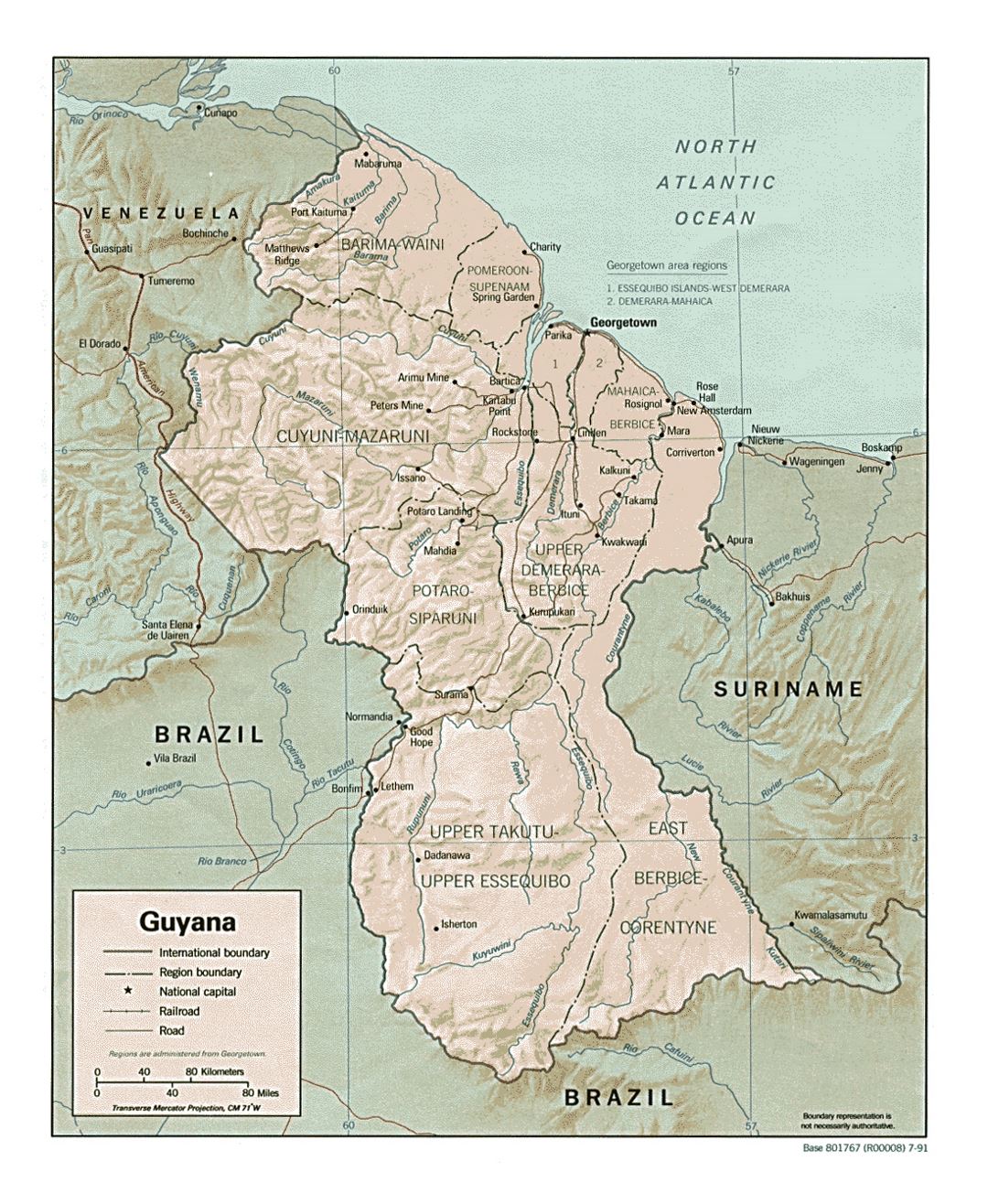 Подробная политическая и административная карта Гайаны с рельефом, дорогами и городами - 1991