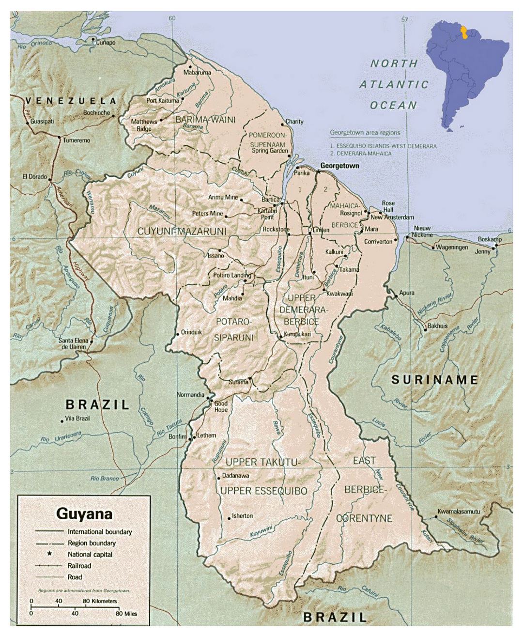 Детальная политическая и административная карта Гайаны с рельефом, дорогами и городами