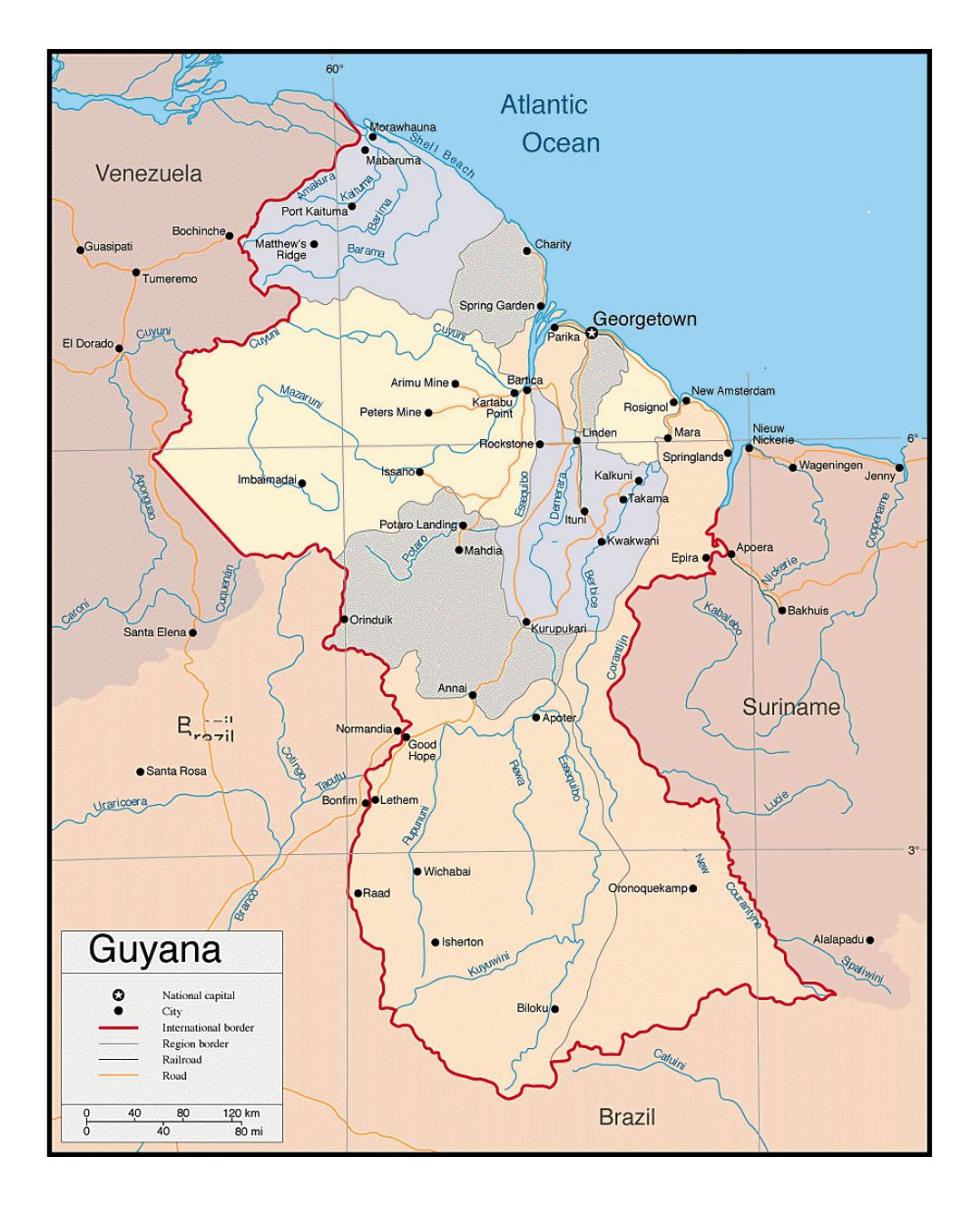 Детальная политическая и административная карта Гайаны с дорогами и городами