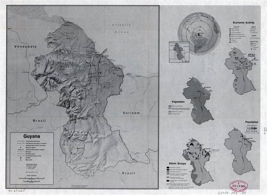 Большая детальная профильная карта страны Гайаны - 1983