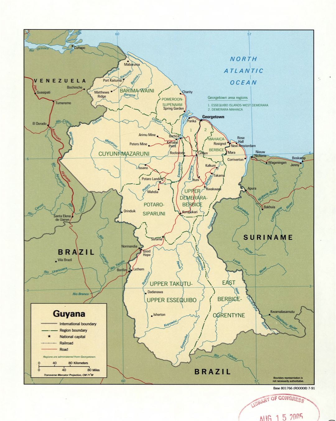 Большая детальная политическая и административная карта Гайаны с пометками дорог, железных дорог и крупных городов - 1991