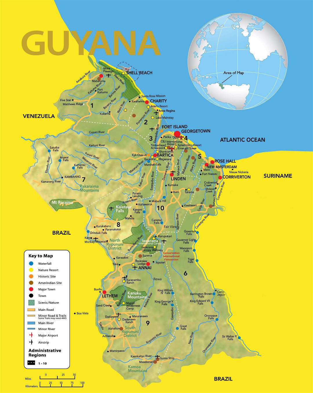 Большая детальная туристическая карта Гайаны