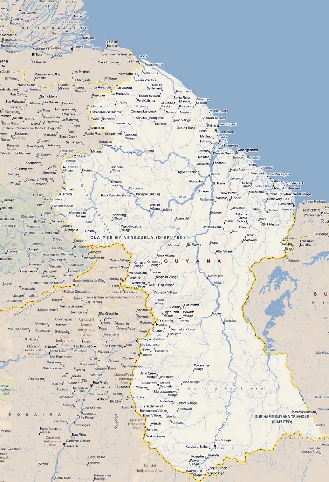 Большая карта Гайаны со всеми городами