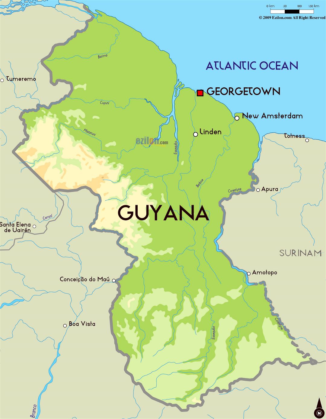Большая физическая карта Гайаны с крупными городами
