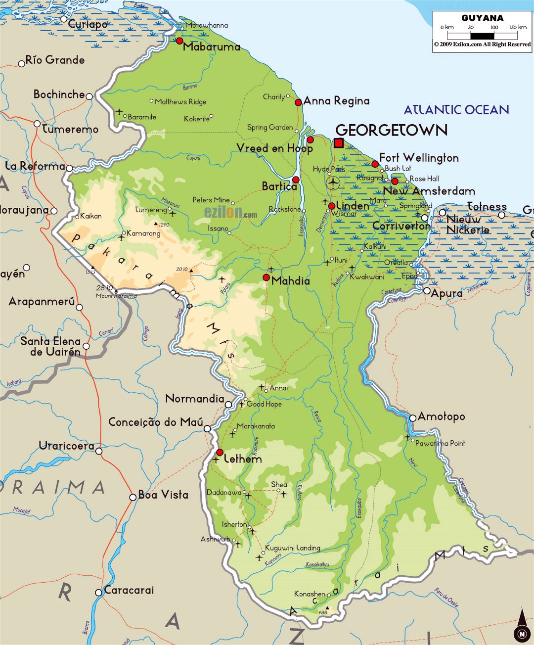 Большая физическая карта Гайаны с дорогами, городами и аэропортами