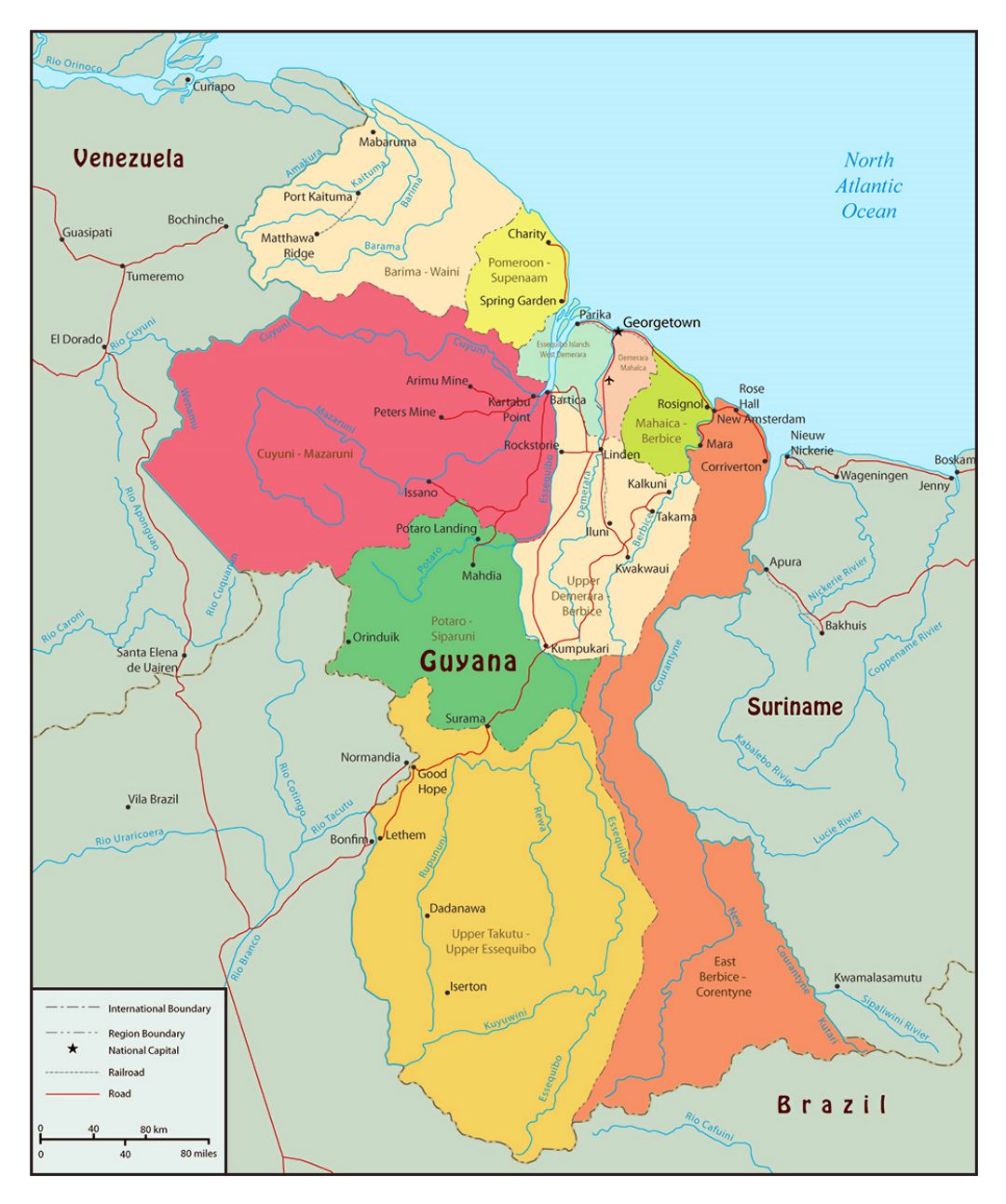 Большая политическая и административная карта Гайаны с дорогами и городами