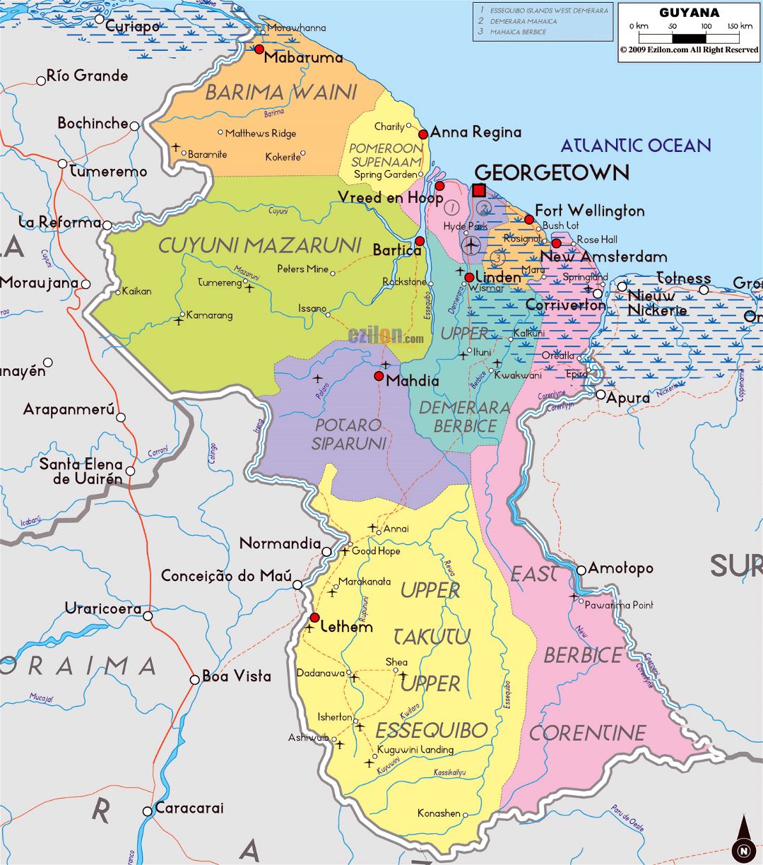 Большая политическая и административная карта Гайаны с дорогами, городами и аэропортами