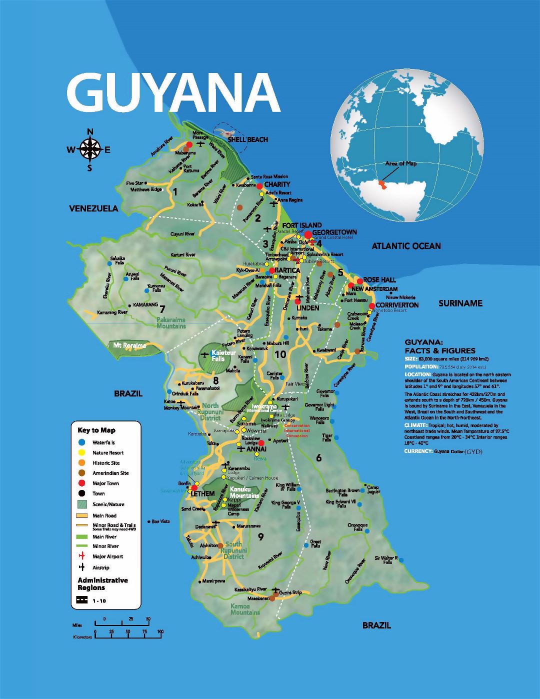 Большая туристическая карта Гайаны с другими пометками
