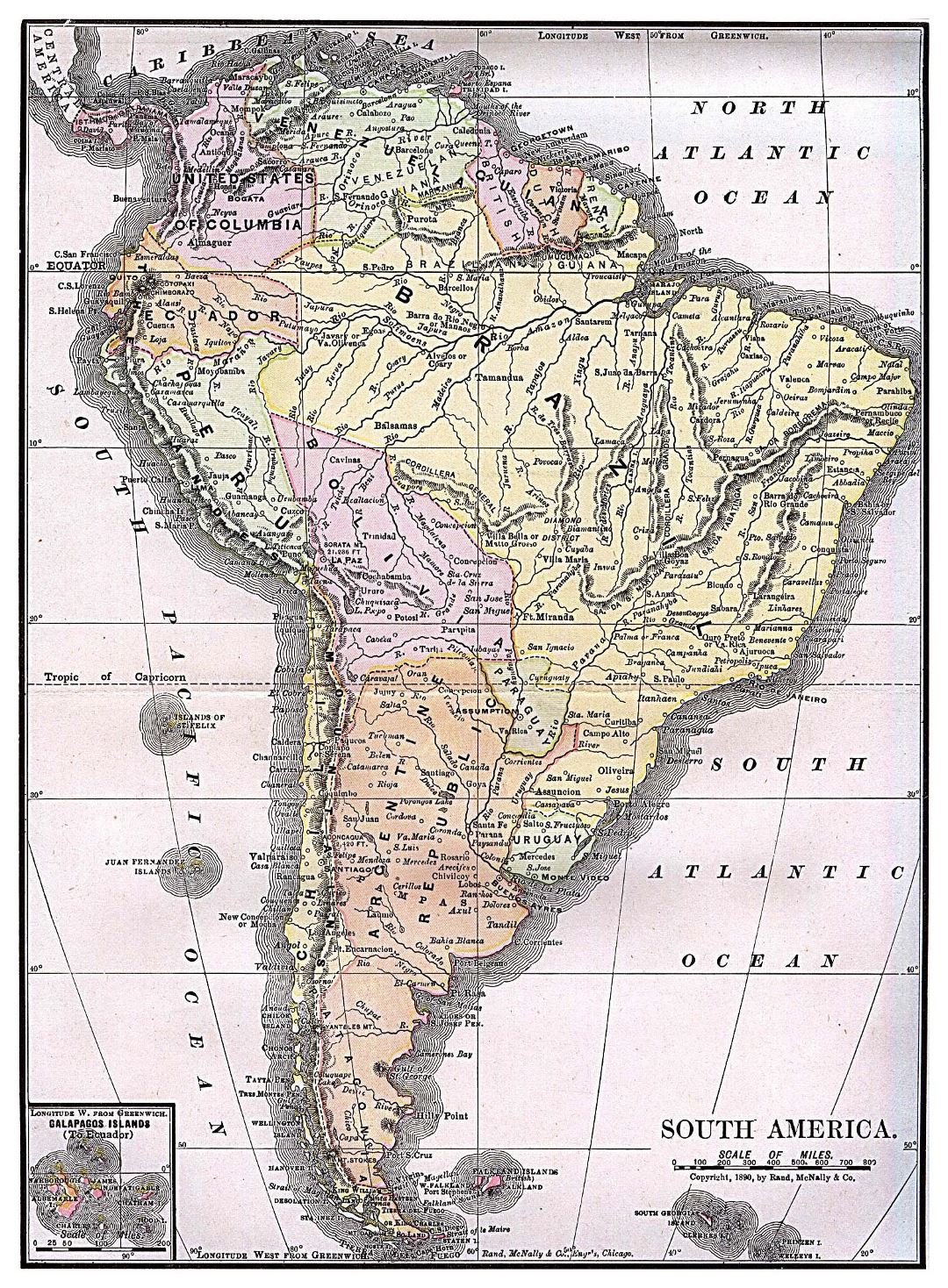 Большая детальная старая политическая карта Южной Америки - 1892