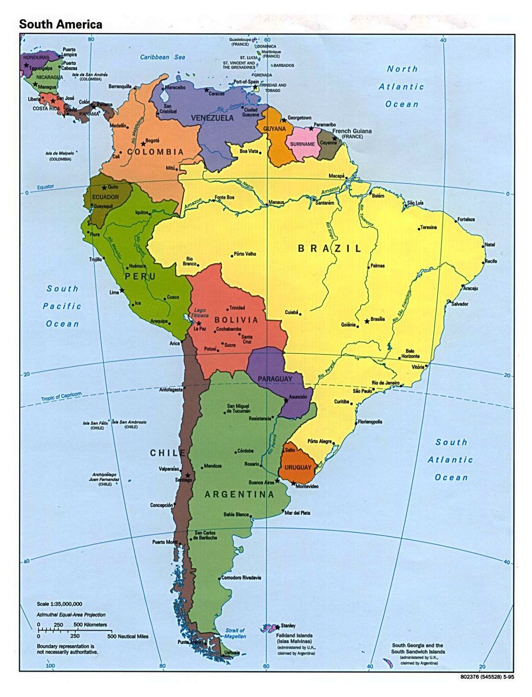 Большая подробная политическая карта Южной Америки - 1995