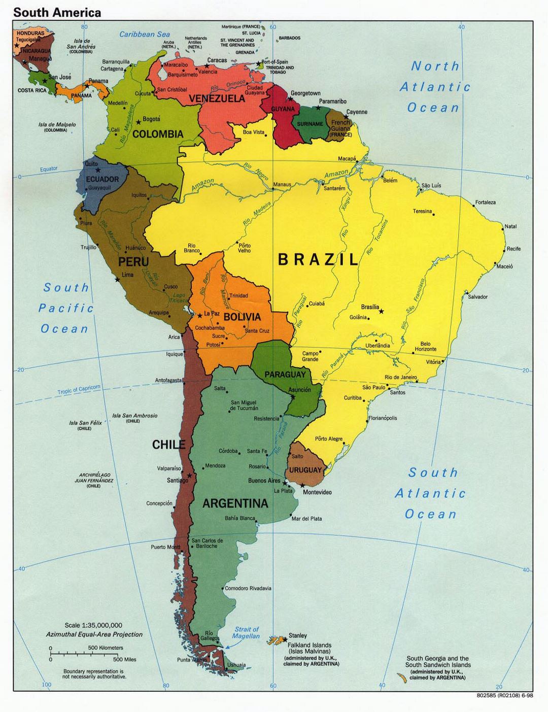 Большая подробная политическая карта Южной Америки со столицами - 1998