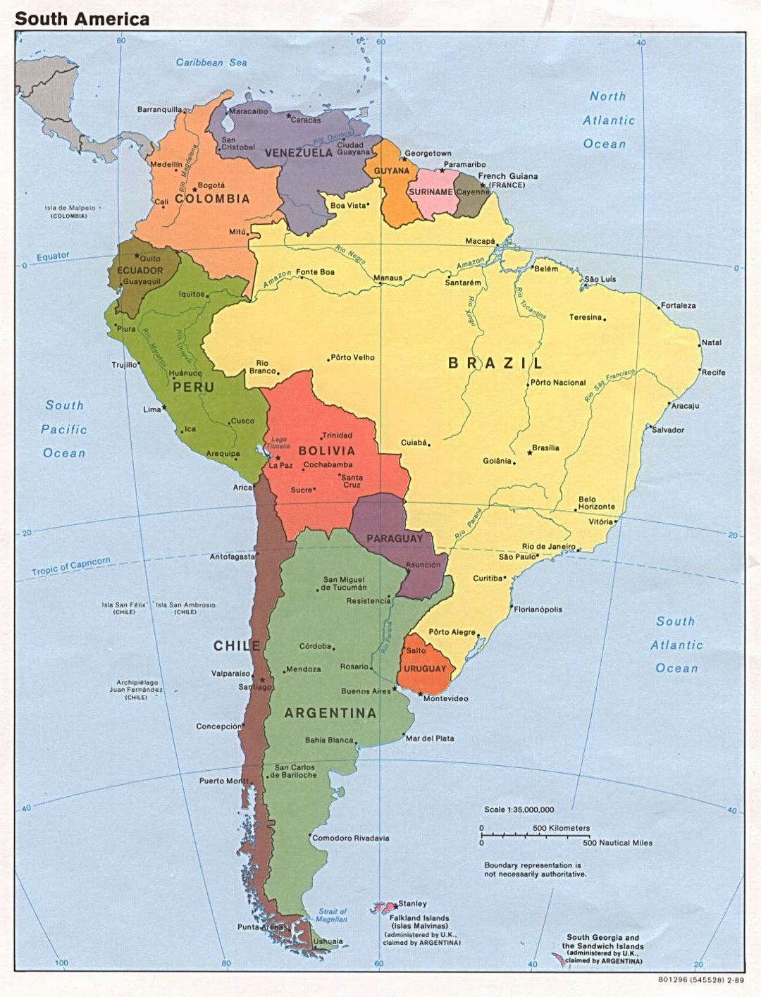 Большая подробная политическая карта Южной Америки со столицами и крупными городами - 1989