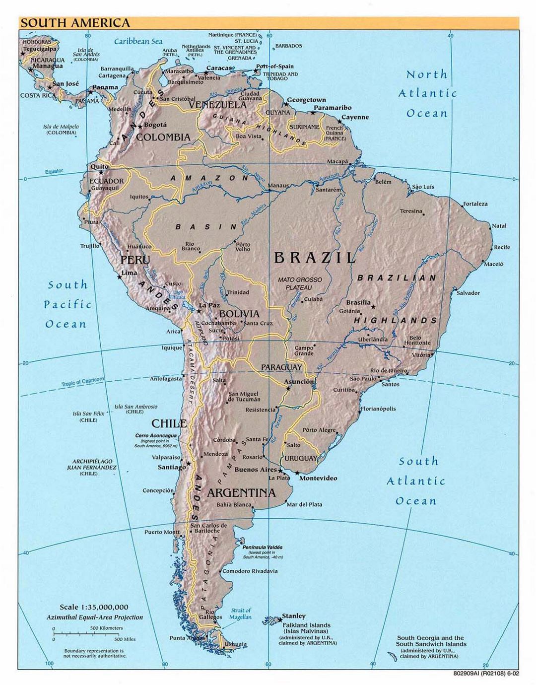 Большая детальная политическая карта Южной Америки с рельефом - 2002