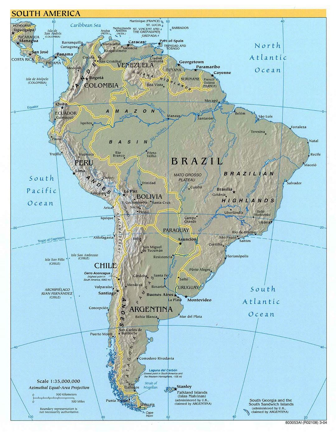 Большая подробная политическая карта Южной Америки с рельефом и столицами - 2004