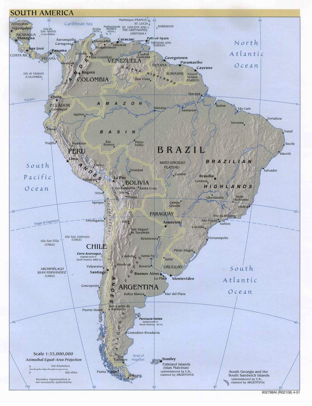 Большая подробная политическая карта Южной Америки с рельефом, крупными городами и столицами - 2001