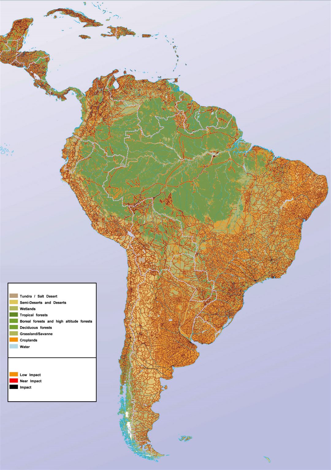Большая карта Южной Америки с отображением влияния человека