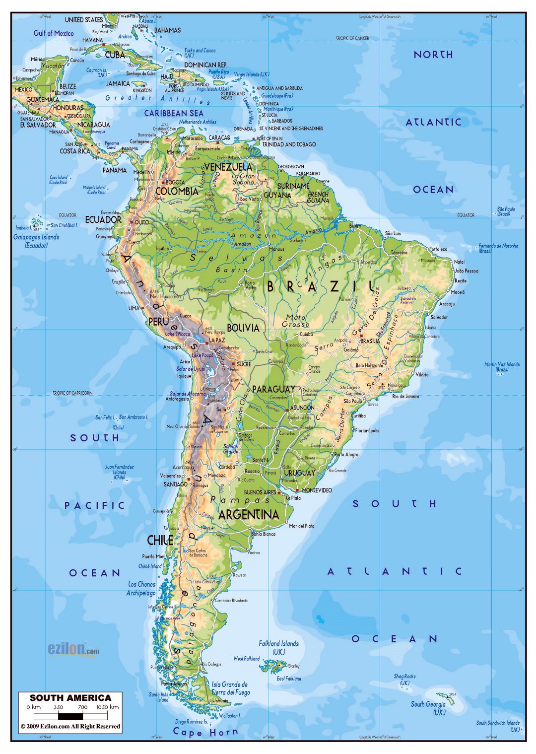 Большая физическая карта Южной Америки с дорогами и крупными городами