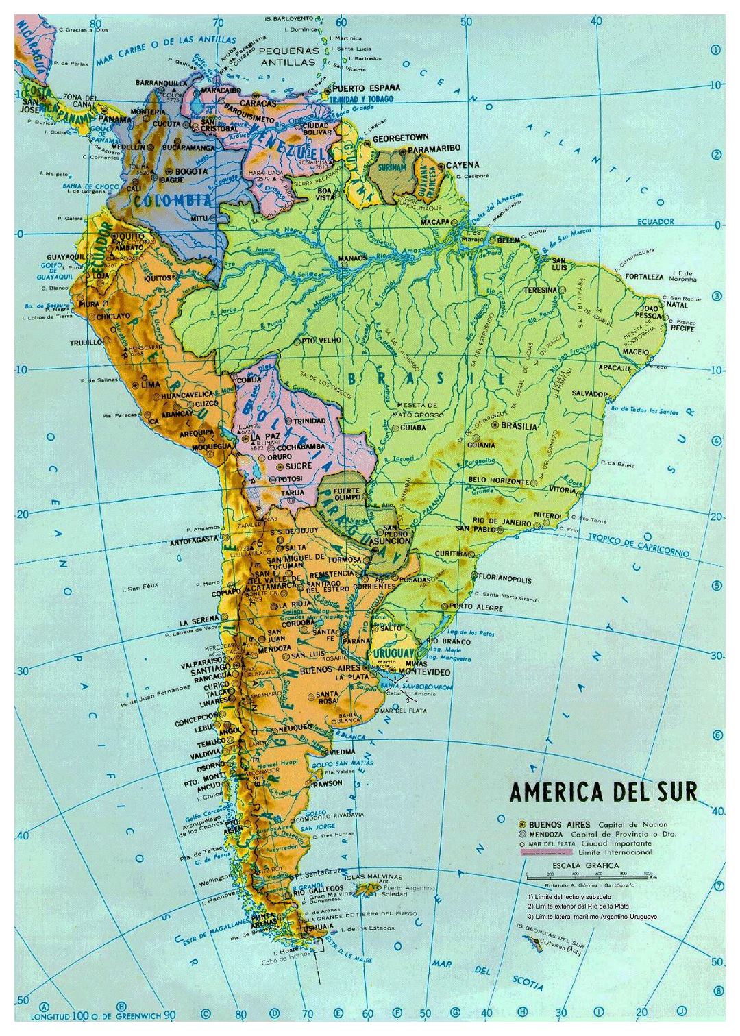 Большая политическая и гидрографическая карта Южной Америки с большими городами и столицами стран