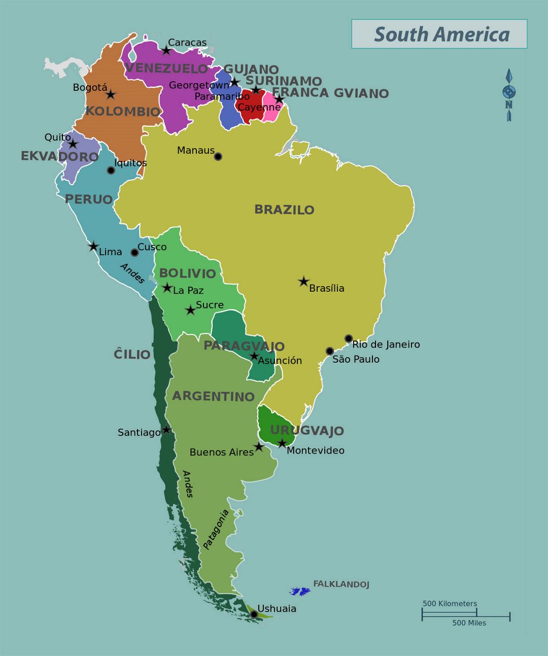 Большая политическая карта Южной Америки со столицами стран