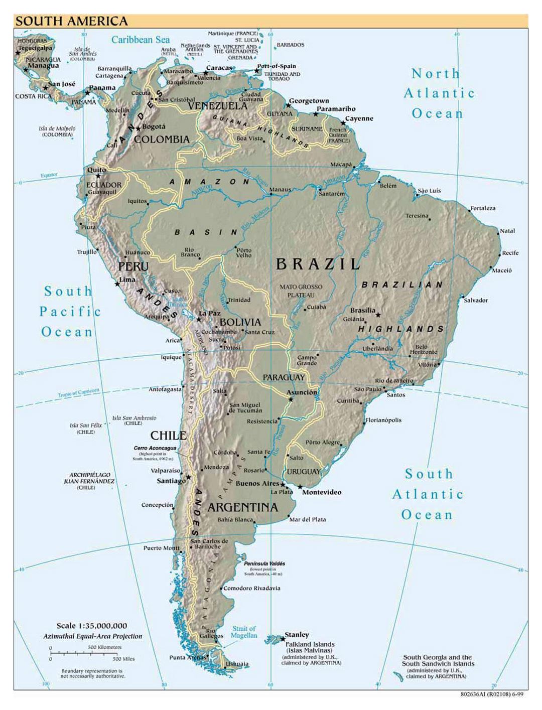 Большая политическая карта Южной Америки с рельефом, крупными городами и столицами - 1999