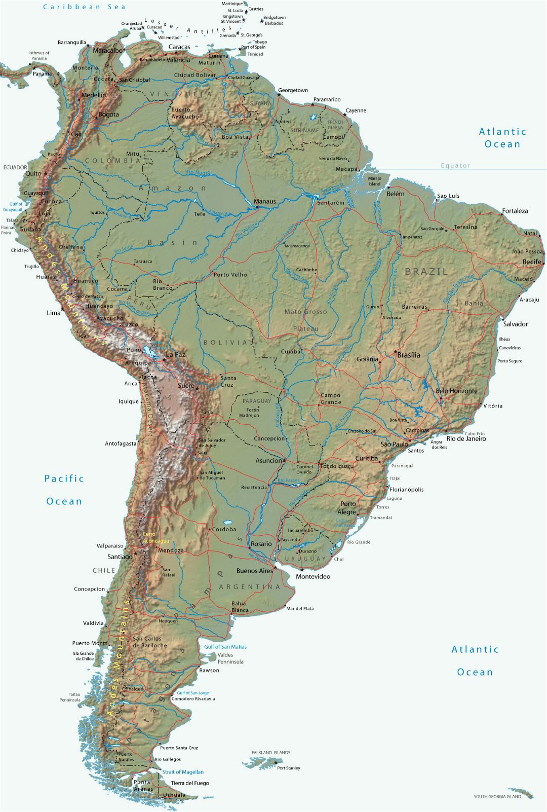 Большая политическая карта Южной Америки с рельефом