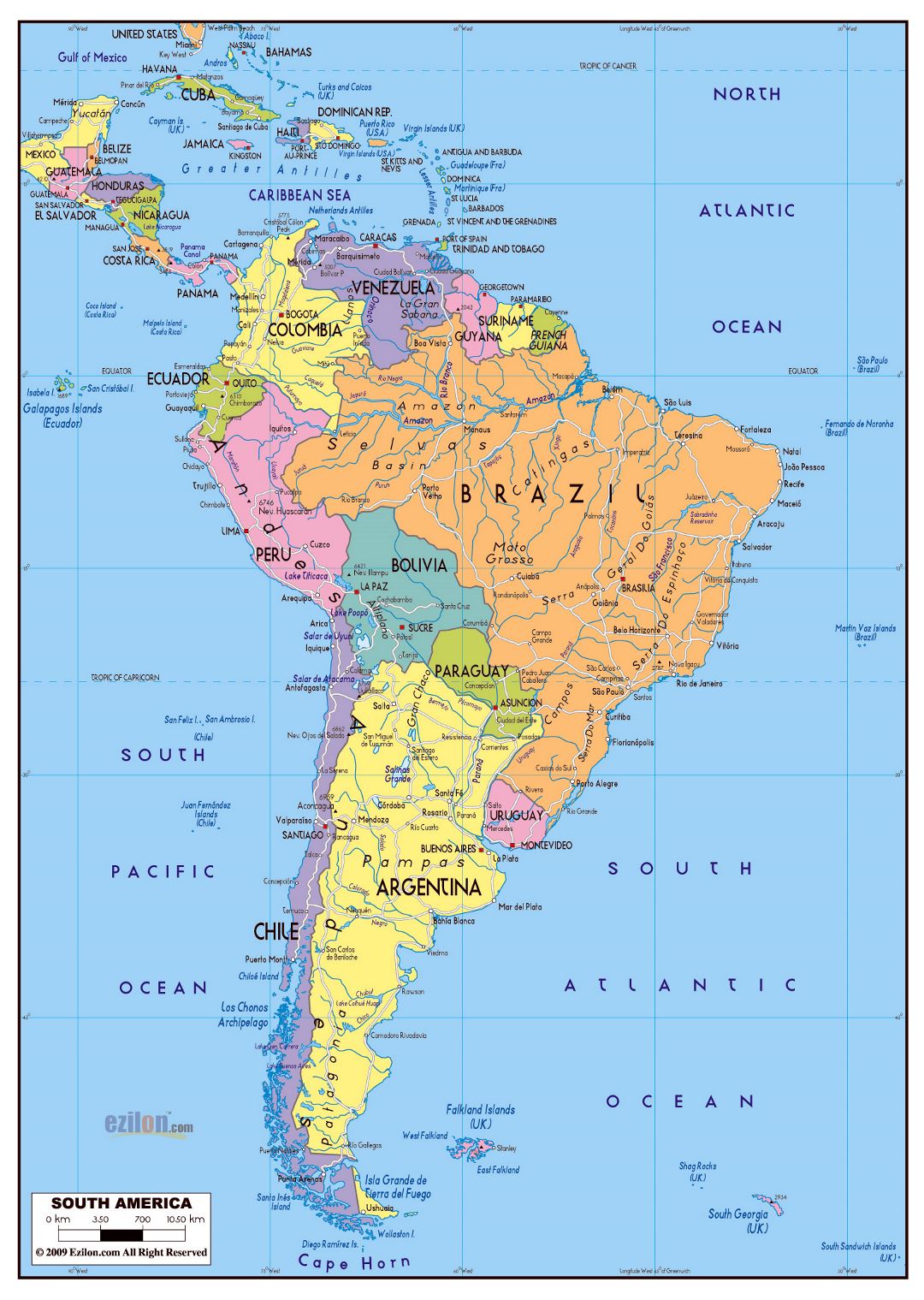 Большая политическая карта Южной Америки с дорогами и крупными городами