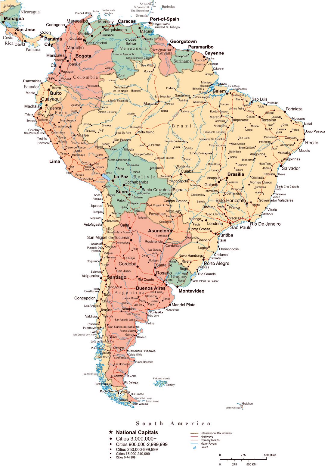 Большая политическая карта Южной Америки с дорогами, крупными городами и столицами