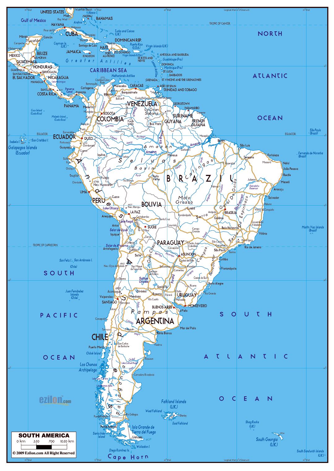 Большая карта дорог Южной Америки с крупными городами