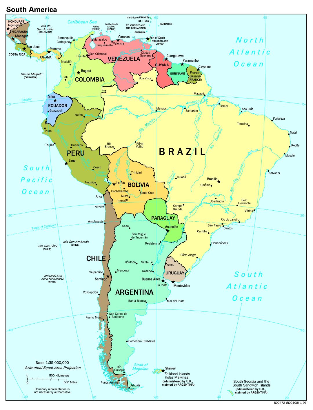 Крупномасштабная политическая карта Южной Америки с крупными городами - 1997