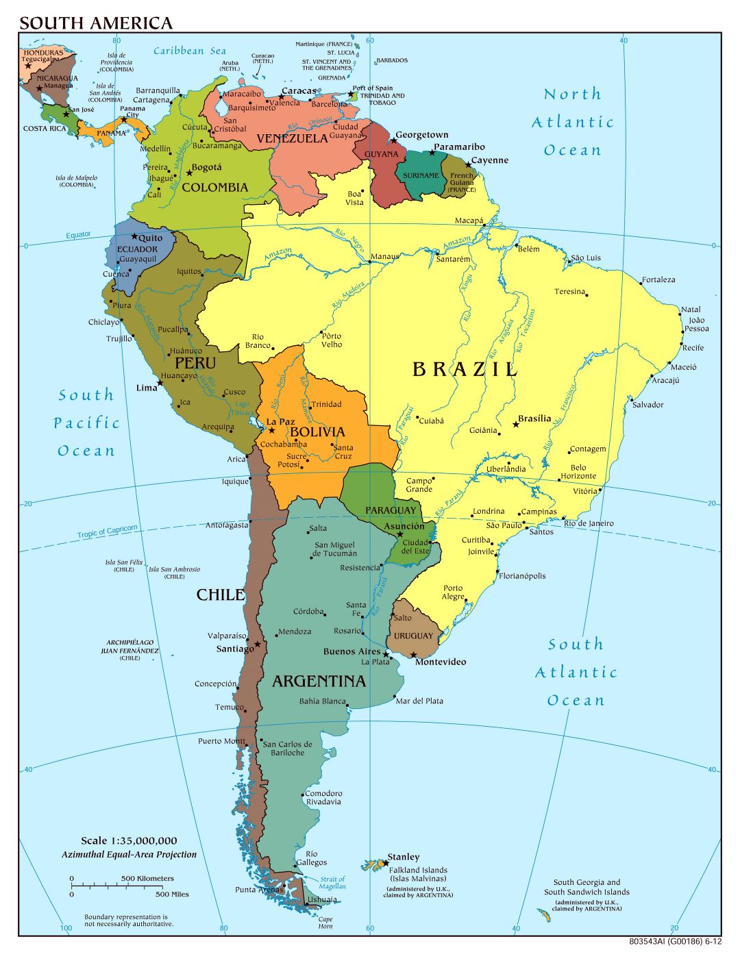 Крупномасштабная политическая карта Южной Америки с крупными городами и столицами - 2012