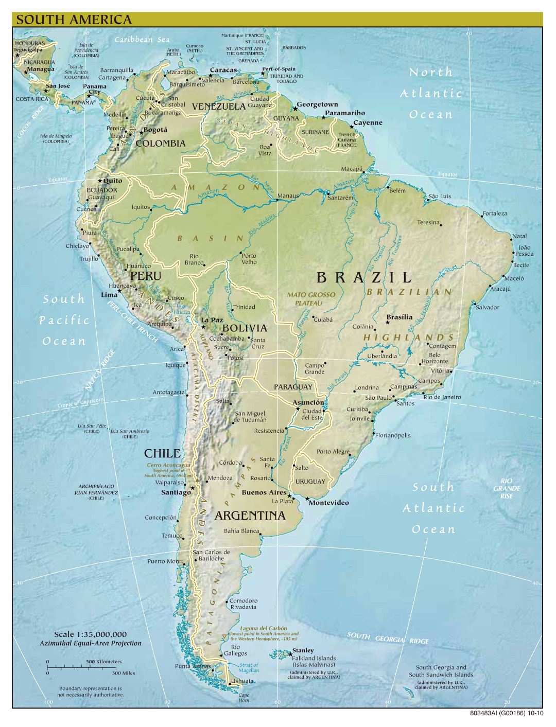 Политическая карта Южной Америки с рельефом большого формата - 2010