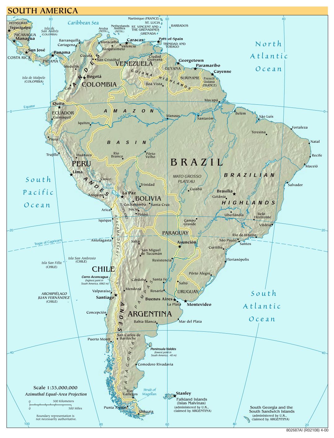 Крупномасштабная политическая карта Южной Америки с рельефом и столицами - 2001