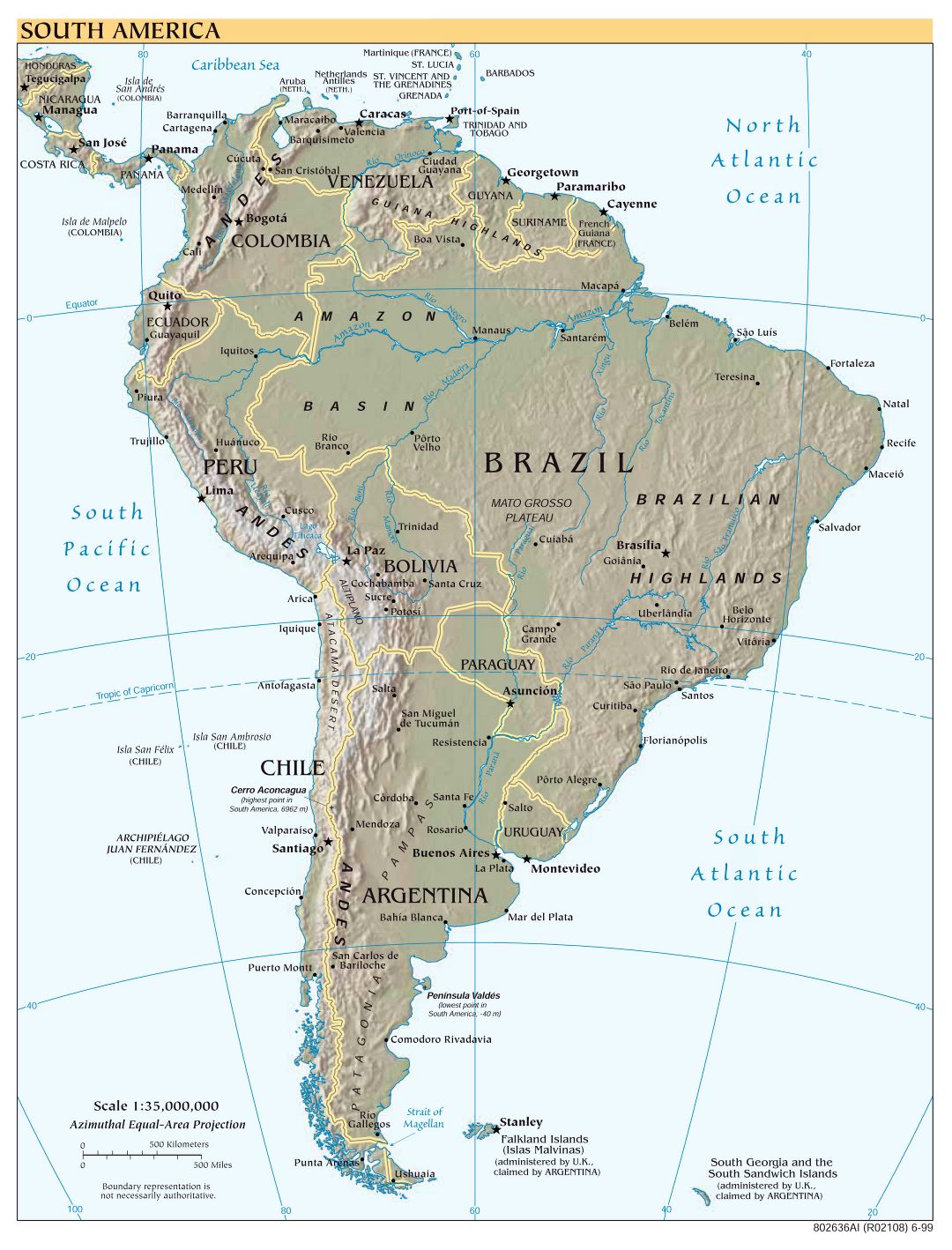 Крупномасштабная политическая карта Южной Америки с рельефом, крупными городами и столицами - 1999
