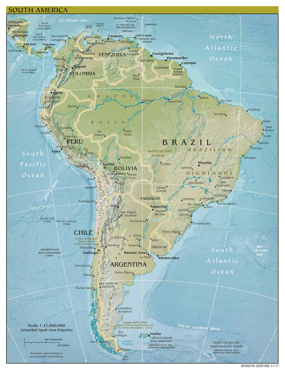 Крупномасштабная политическая карта Южной Америки с рельефом, крупными городами и столицами - 2011