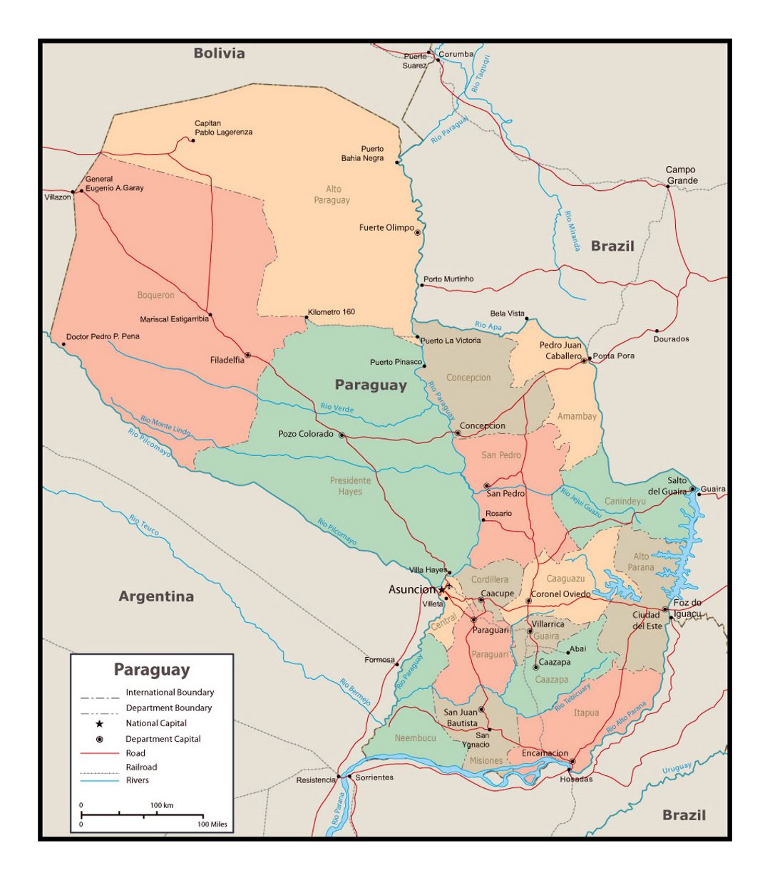 Подробная политическая и административная карта Парагвая с дорогами и городами