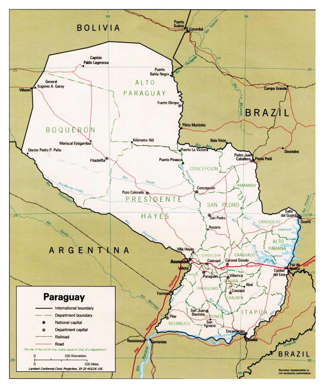 Детальная политическая и административная карта Парагвая с дорогами и крупными городами