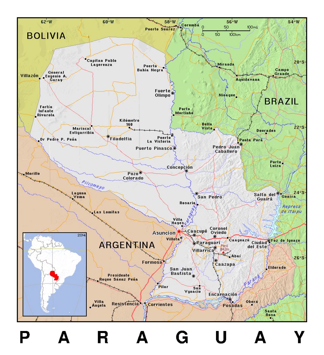 Детальная политическая карта Парагвая с рельефом