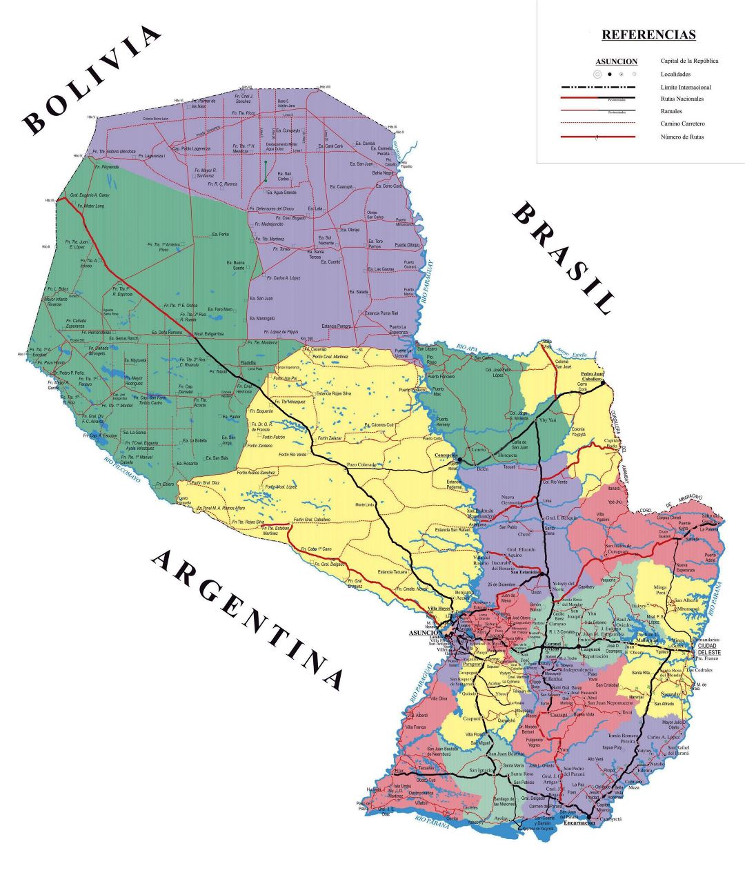 Большая детальная административная карта Парагвая с дорогами и всеми городами