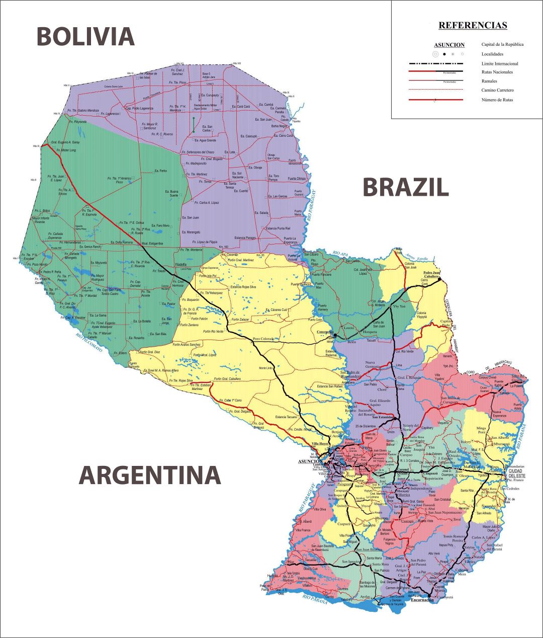 Большая подробная административная карта Парагвая с дорогами и городами