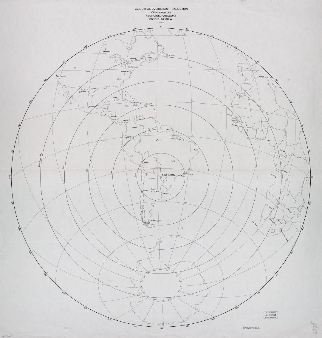 Большая подробная азимутальная эквидистантная карта проекции с центром в Асунсьоне, Парагвай - 1971