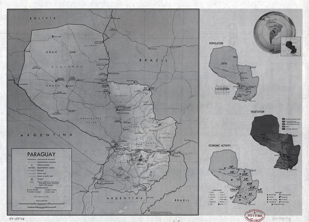 Большая детальная профильная карта страны Парагвая - 1983