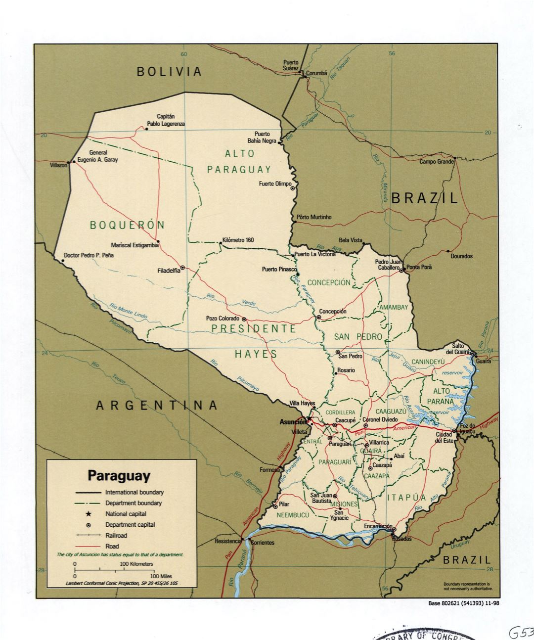 Большая детальная политическая и административная карта Парагвая с пометками дорог, железных дорог и крупных городов - 1998