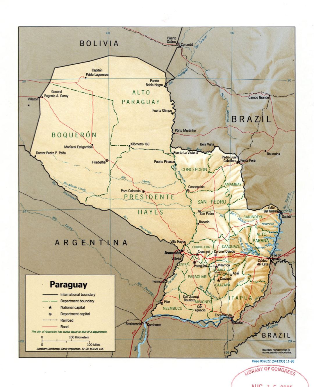 Большая подробная политическая и административная карта Парагвая с рельефом, пометками дорог, железных дорог и крупных городов - 1998