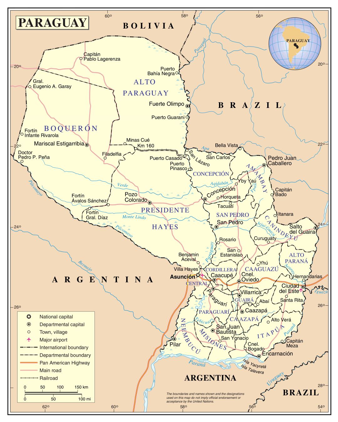 Большая подробная политическая и административная карта Парагвая с дорогами, городами и аэропортами