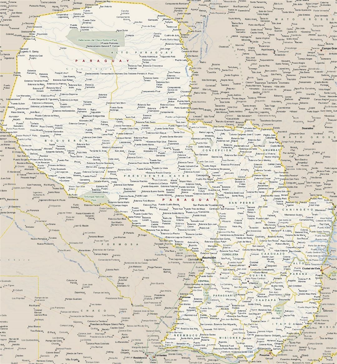 Большая карта Парагвая со всеми городами