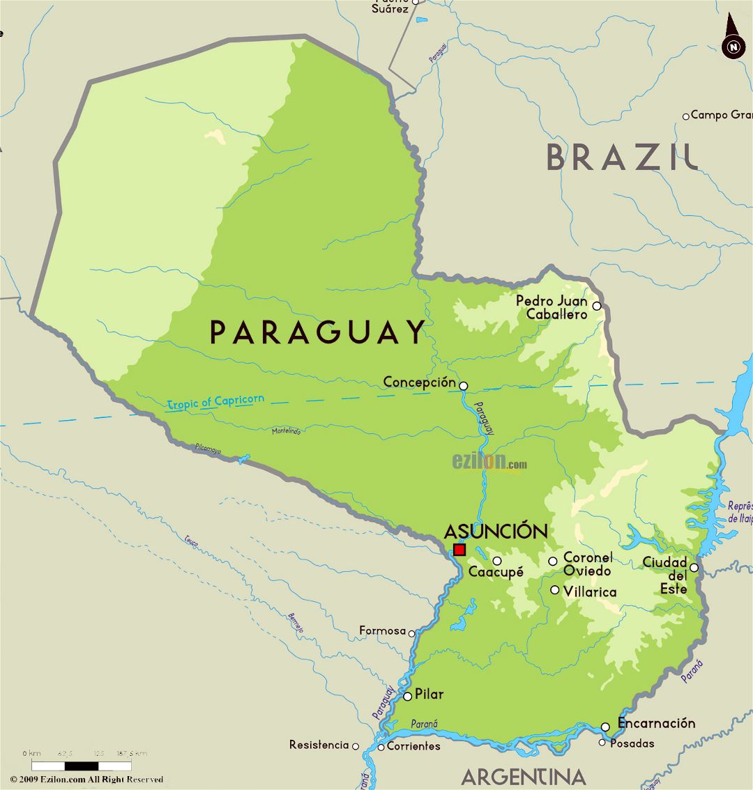 Большая физическая карта Парагвая с крупными городами