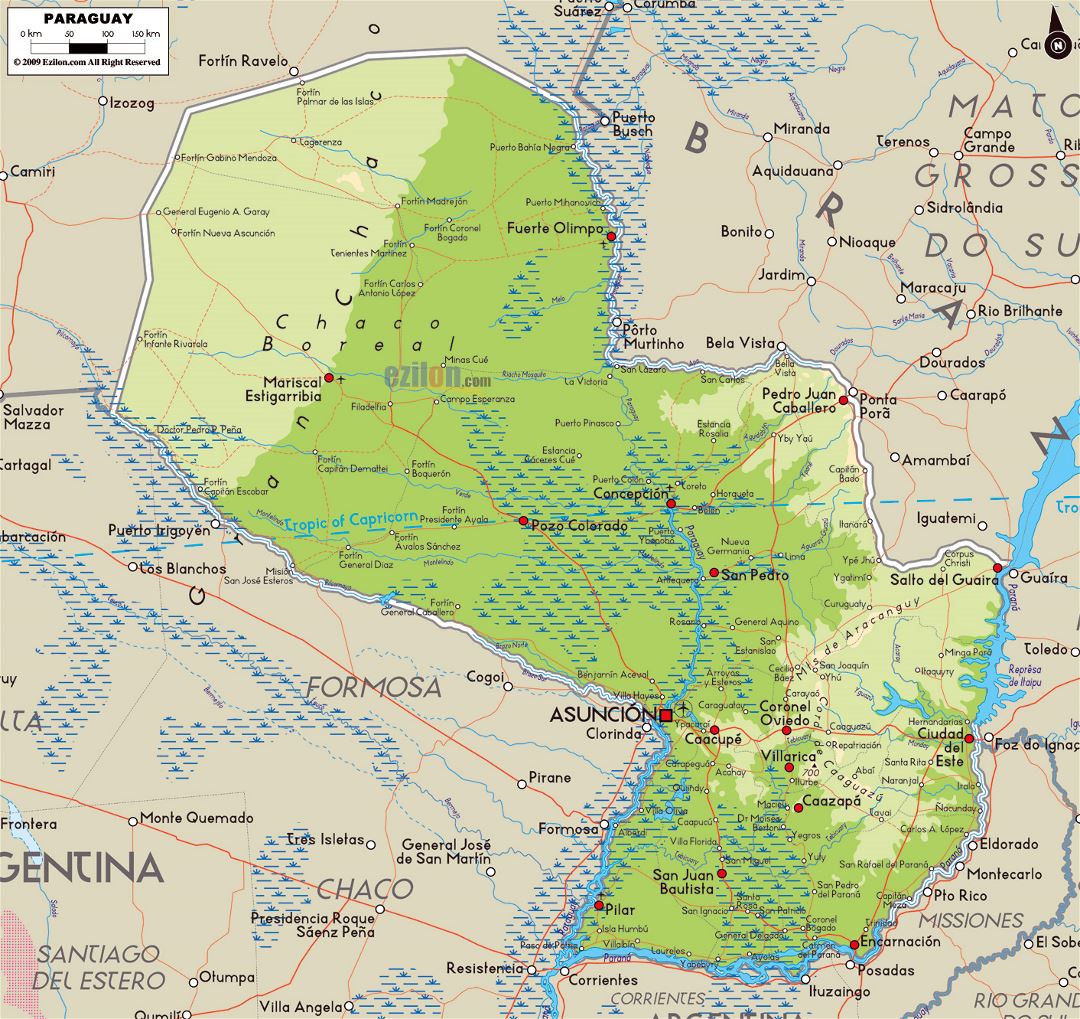 Большая физическая карта Парагвая с дорогами, городами и аэропортами