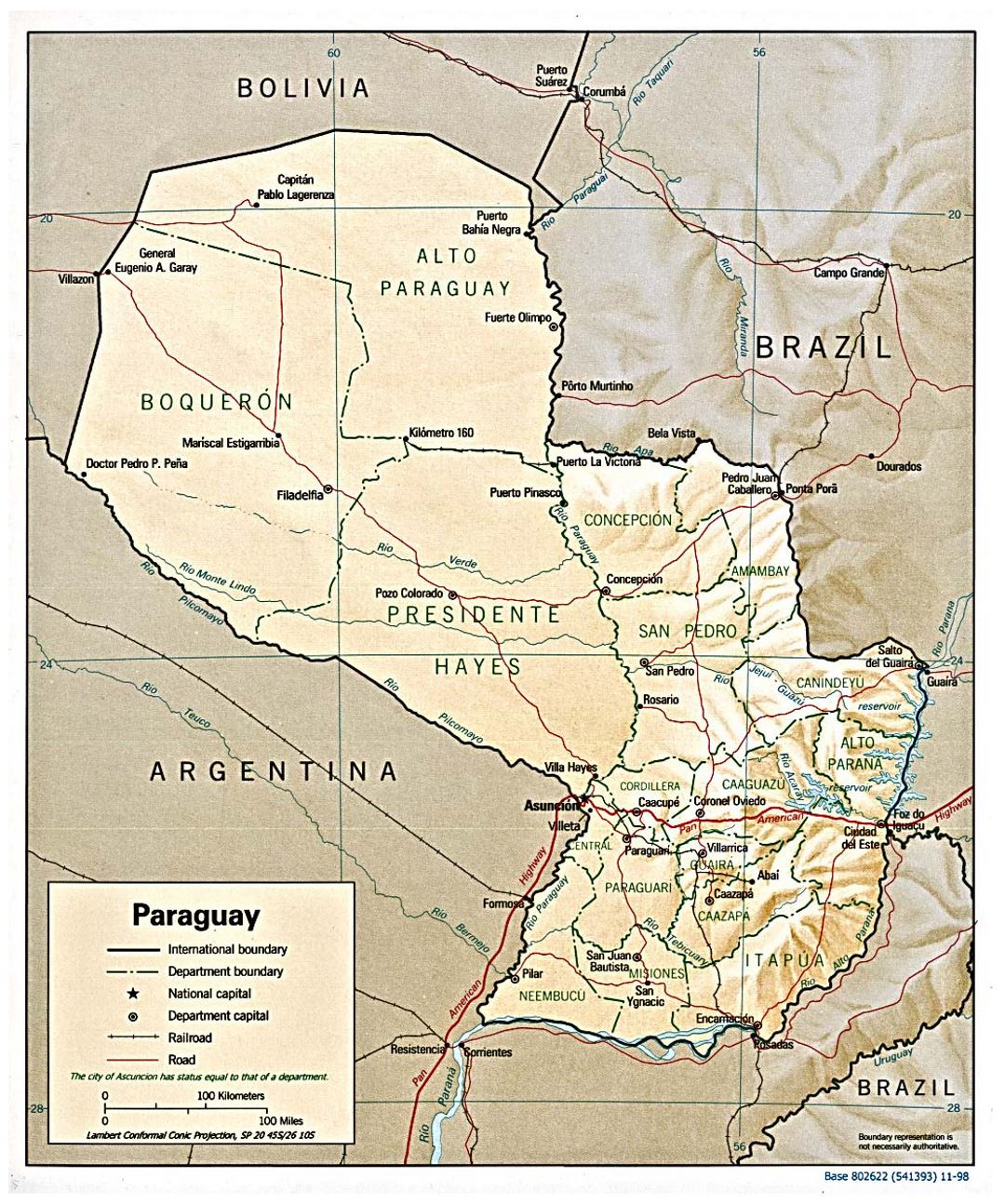 Большая политическая и административная карта Парагвая с рельефом, дорогами и городами - 1998